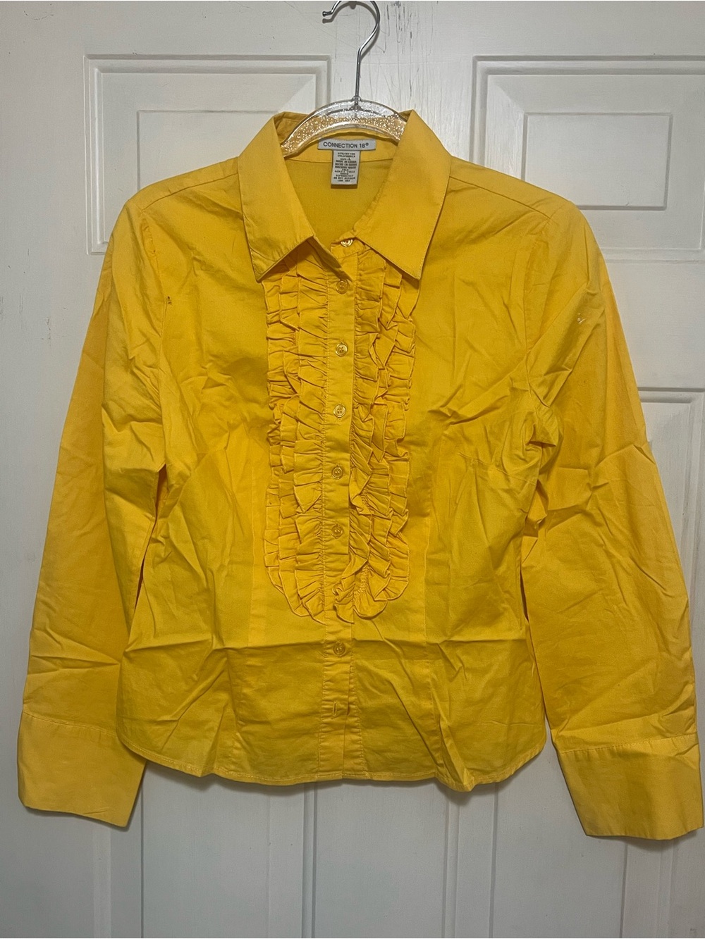 Connection 18 Yellow Ruffle Front Button Down Blouse (Size L) Cotton Stretch Top